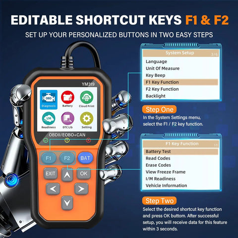 All In One OBD2 Scanner With Battery Tester And Live Data, Fault Code Reader display showing shortcut key setup instructions