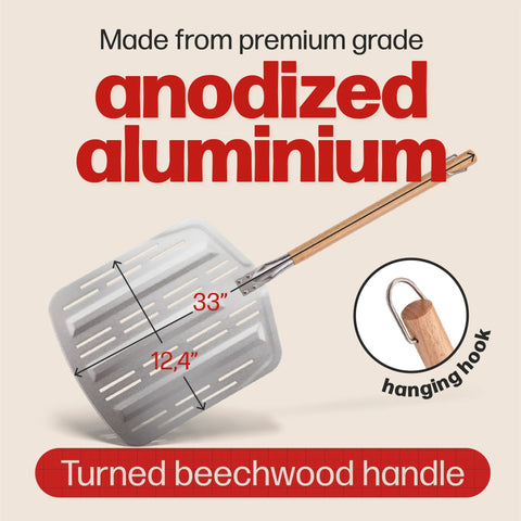 Hans Grill Pizza Peel PRO: perforated anodized aluminum paddle, 12.4-inch wide with a beechwood handle