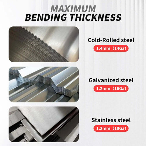Image of bending thickness for cold-rolled, galvanized, and stainless steel with 15.25 Inch Metal Sheet Bender specifications