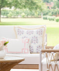 Coastal Outdoor Lumbar Pillow Cover 12x20 Inches Water Repellent For Backyard Patio Indoors Outdoors Blush Pink Embroidered Greek Key