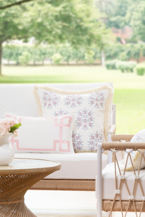 Coastal Outdoor Lumbar Pillow Cover 12x20 Inches Water Repellent For Backyard Patio Indoors Outdoors Blush Pink Embroidered Greek Key