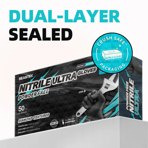 Box of 8 Mil Nitrile Disposable Gloves Diamond Textured Black Food Safe Large 50 Pcs with dual-layer sealed packaging