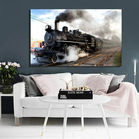 Vintage Steam Locomotive Canvas Art Print Framed Wall Decor for Living Room 70x100cm 28x39in displayed above sofa