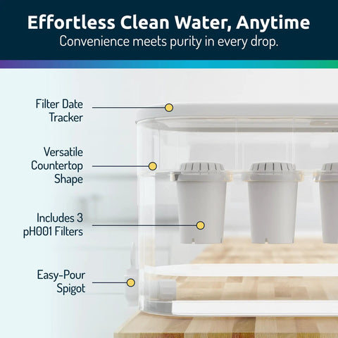 Side view of Go To Alkaline Countertop Water Filter Dispenser with 53 Cup Capacity Mineralized Water Up To PH 9 BPA Free White Finish