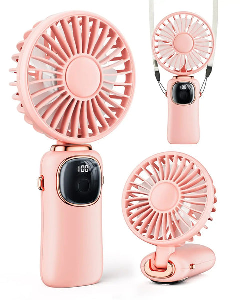 Pink 3 In 1 Portable Personal Fan With 4000mAh Battery And LED Display Handheld Or Neck Or Desk Use 90 Degree Foldable Base