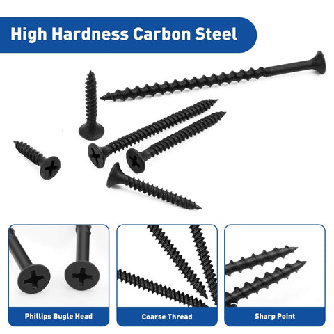 Drywall Screws Assortment Kit, 108 Piece Set With Coarse Thread Self Tapping Phillips Drive, Six Sizes, Black Finish, Pro Grade 1022A Carbon Steel