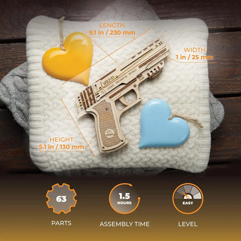 Wolf 01 Handgun 3D Puzzle Rubber Band Gun Mechanical Model Kit For DIY Wood Build, 230 mm wooden gun kit on fabric