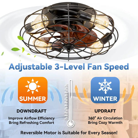 Flush Mount Ceiling Fan With Lights, 3 Speed Reversible Motor, Remote Control, 20 Inch, Black Finish, summer-winter mode