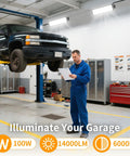 Mechanic working under bright 4 Pack 100W LED Shop Lights, Crazy Bright 14000 Lumens, 6000K Daylight White in garage setting.