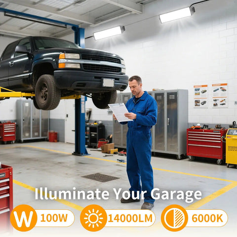 Mechanic working under bright 4 Pack 100W LED Shop Lights, Crazy Bright 14000 Lumens, 6000K Daylight White in garage setting.