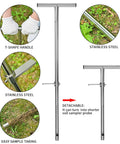 Pro Grade 36 Inch Stainless Steel Soil Probe With Two Piece Design For Easy Setup And Core Sampling, showing T-shaped handle and detachable design.