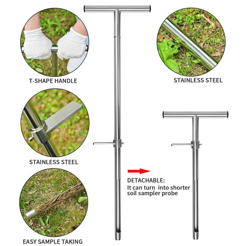 Pro Grade 36 Inch Stainless Steel Soil Probe With Two Piece Design For Easy Setup And Core Sampling, showing T-shaped handle and detachable design.
