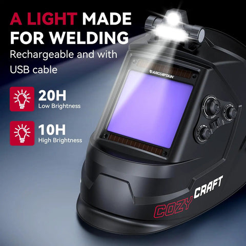 Large View Auto Darkening Welding Helmet With LED Light and Solar Powered Hood with controls and viewing panel