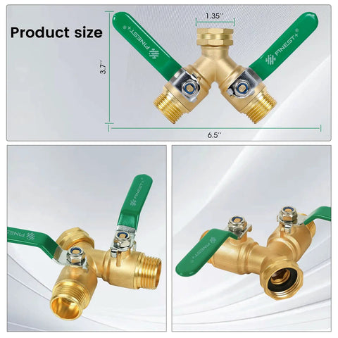 Built Tough Heavy Duty Brass Garden Hose Splitter Two Way Y Valve with stainless steel long handle and leak-free connectors