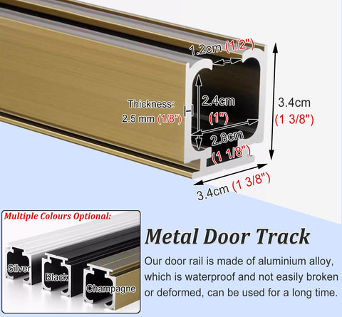 Close-up of a champagne finish metal door track highlighting dimensions, suitable for Soft Close And Open Interior Sliding Door Rail Kit