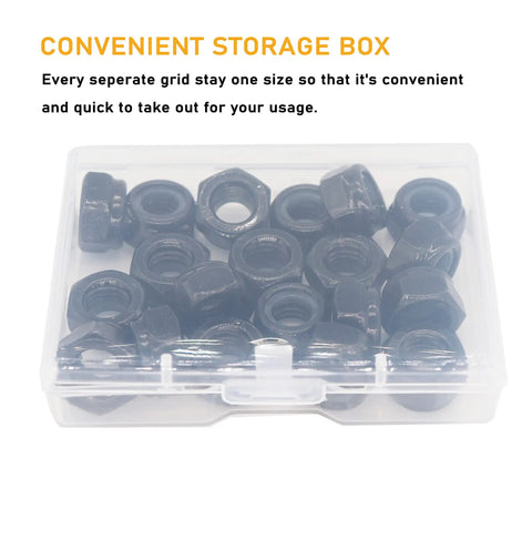 Heavy Duty 50 Pcs M3 Nylon Lock Nuts Featuring Matte Black Zinc Plated Steel Core M3 0.5mm Pitch Hex Shape in storage box