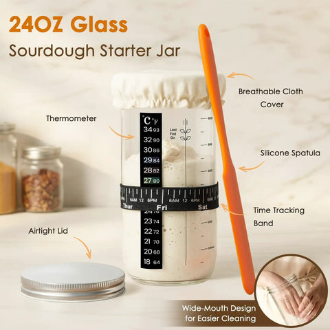 Beginner Friendly Sourdough Starter Kit With Round And Oval Banneton Baskets, 24oz glass jar with thermometer and spatula