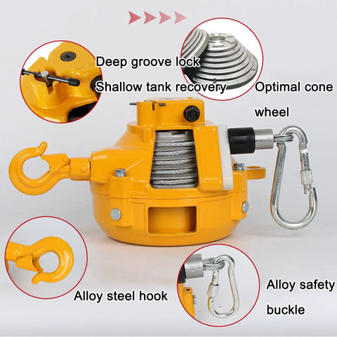 Heavy Duty Retractable Spring Balancer and Tool Holder with 1.5 Meter Wire Rope and Hook for Workshop and Auto Shop Adjustable Tension for 15 to 22 Kilogram Load Space Saving Hanging Equipment, yellow alloy steel hook