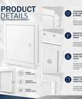 Product details of Heavy Duty 12 X 12 Flush Mount Drywall Access Panel With Secure Cam Latch Lock And Clean Concealed Hinge Tough Steel Metal Service Door.
