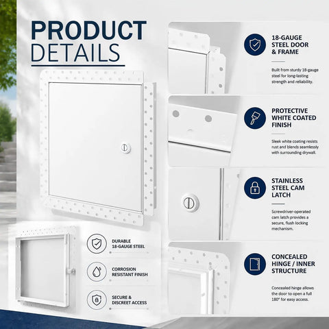 Product details of Heavy Duty 12 X 12 Flush Mount Drywall Access Panel With Secure Cam Latch Lock And Clean Concealed Hinge Tough Steel Metal Service Door.