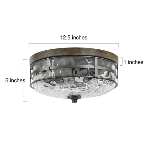 Farmhouse Flush Mount Ceiling Light With Water Ripple Glass Shade, Faux Wood And Black Finish, Dope 3 Light Drum Fixture showing dimensions