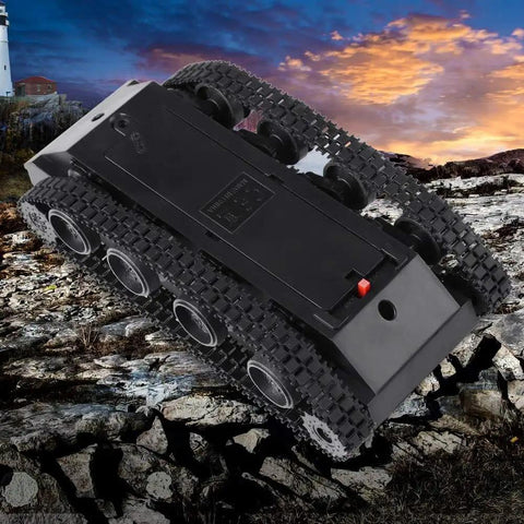 Lightweight Shock Absorbing Plastic Tank Chassis With 130 Motor, 3V-7V Power Range, on rocky terrain background