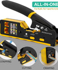 Pass Through RJ45 Crimp Tool Kit With Cable Tester for Cat6 Cat6a Cat5e Cat5 connectors showing stripping cutting and crimping