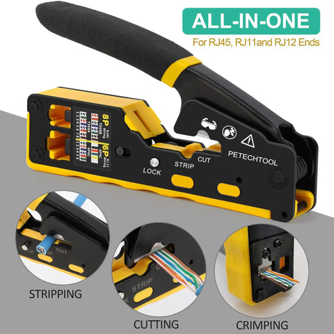 Pass Through RJ45 Crimp Tool Kit With Cable Tester for Cat6 Cat6a Cat5e Cat5 connectors showing stripping cutting and crimping