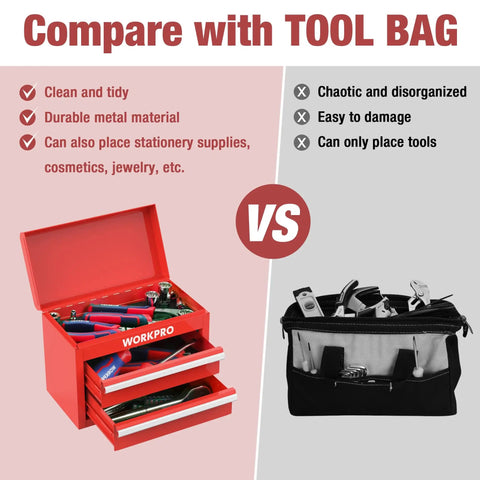 Mini Metal Tool Box With Two Drawers And Top Storage versus tool bag comparison
