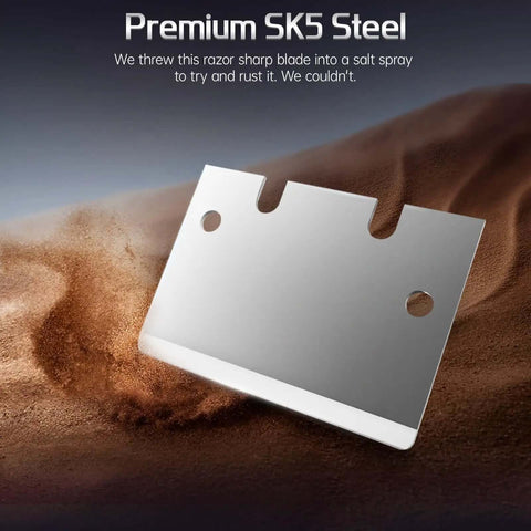 Premium SK5 steel blade from Panda Edge All Metal 3D Printer Scraper Kit shown against a rugged backdrop.