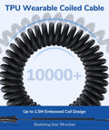 Close-up of 5-foot coiled TPU cable for MFi Certified USB C Car Charger for iPhone and iPad, 32W Quick Charge With PD 20W And 12W USB