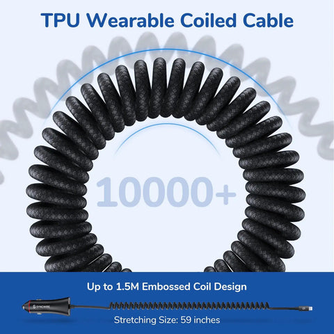 Close-up of 5-foot coiled TPU cable for MFi Certified USB C Car Charger for iPhone and iPad, 32W Quick Charge With PD 20W And 12W USB