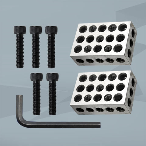 Two silver 1x2x3-inch precision parallel blocks with 23 holes each, with screws and an L-shaped hex key