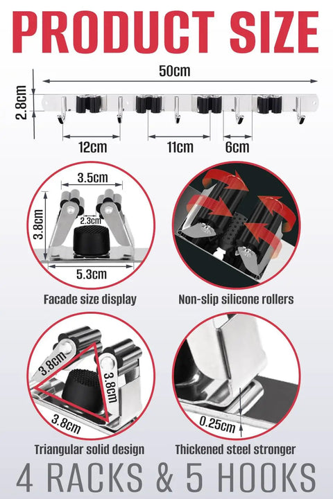 Dimensions and features of Heavy Duty Mop And Broom Holder Wall Mount With Stainless Steel Five Rack Organizer And Four Hooks.
