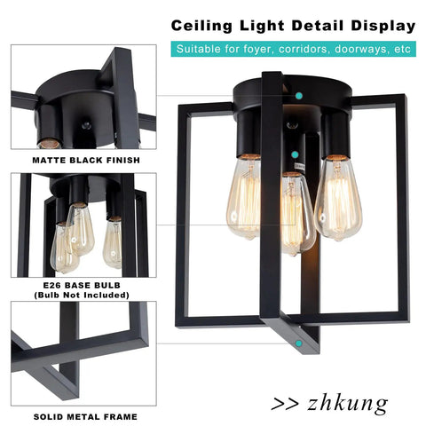 Vintage Square Black Ceiling Light Fixture 3 Light Industrial Farmhouse Modern Geometric Metal Ceiling Lamp with retro vibe