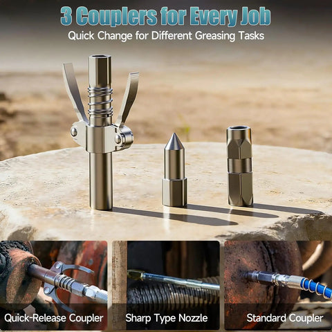 Three couplers for Beast Cordless Electric Grease Gun Kit, featuring quick-release, sharp type nozzle, and standard coupler.