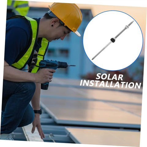 Worker using a drill for solar panel installation with Beefy Stainless Steel Solar Panel Roof Mount Hanger Bolts.