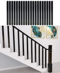 Rock Solid Black Poplar Wood Balusters And Stair Spindles For Deck Railing System 38 Inch, 20 pack displayed with white stair railing.