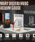 Front view of smart digital vacuum gauge handheld HVAC vacuum meter with orange grip, LCD display and connectors.