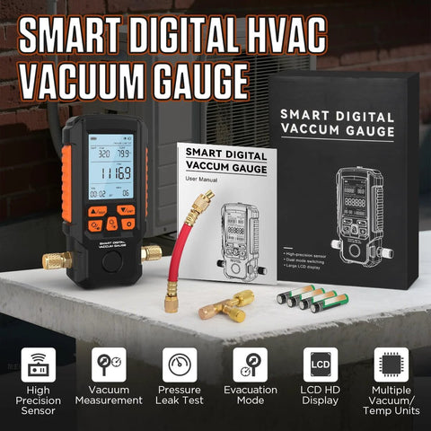 Front view of smart digital vacuum gauge handheld HVAC vacuum meter with orange grip, LCD display and connectors.