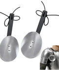 Pair of 16 Gauge Steel Rondels With Genuine Leather Straps for Elbows and Knees Armor, shown with attached straps