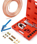 Copper Coated Brake Line Kit With Tube Bender And Flare Tool 25 Feet Of Three Sixteenth Inch Steel Lines Includes 16 Fittings And 4 Unions Brass Fittings For Rust Resistance Easy Bend And Flare For DIY Auto Brake Upgrade visible with tool case and coiled line