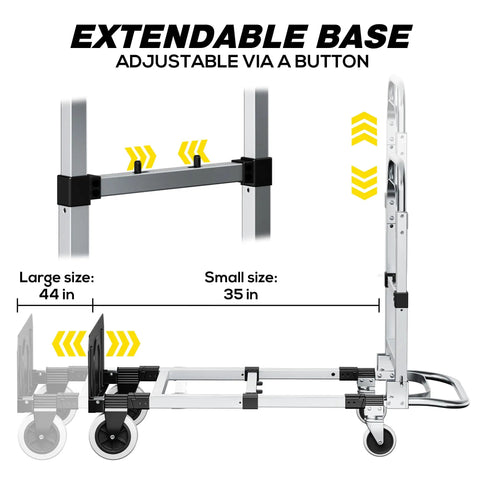 Heavy Duty 3 In 1 Convertible Hand Truck Dolly With 600 Pound Capacity Folding Rolling Cart adjustable base sizes 35in and 44in.