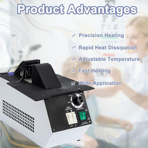 High Wattage Eyeglasses Frame Heater With Hot Cold Air Toggle For Rapid Frame Adjustments And Quick Snap Ins Adjustable Temperature Optician Repair Kit on workbench