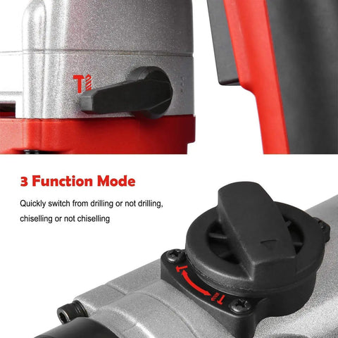 Close-up of heavy duty 1 inch SDS Plus rotary hammer drill with 8.5 amp power, showing three modes switch for drill, hammer, chisel.