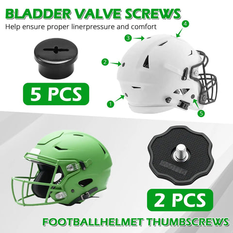 SpeedFlex Football Helmet Quick Release Tool Kit with chinstrap screws and bladder valve screws shown with helmets and parts.