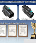 Secure locking mechanism for Upgraded NACS To CCS1 Charging Adapter For Tesla Supercharger. Safety certificates and award trophy.