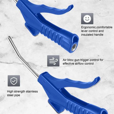 Eight Piece Air Blow Gun Set With Pistol Grip For Air Compressors Industrial And Home Cleaning Tool Kit, ergonomic control handle, blue