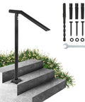 Rock Solid Floor Mounted Stair Handrail For 2 To 3 Steps And 36 Inch Wide Iron Step Railing with smooth curve grip on outdoor steps.