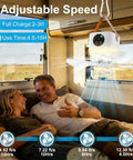 Portable Camping Fan With LED Lights And Remote, 9.25 Inch Wireless Rechargeable Tent Ceiling Fan With Timer, 4 Speeds And Brightness Control For Canopy, Beach, RV, Car, Camper, Outdoor And Indoor Use shown in an RV.